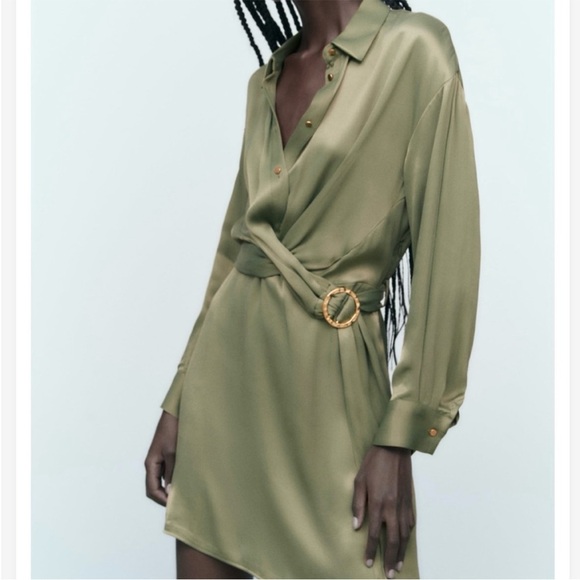 Zara Dresses & Skirts - ZARA • NWT Khaki Green Satin Belted Mini Shirt Dress Size Small Front Twist